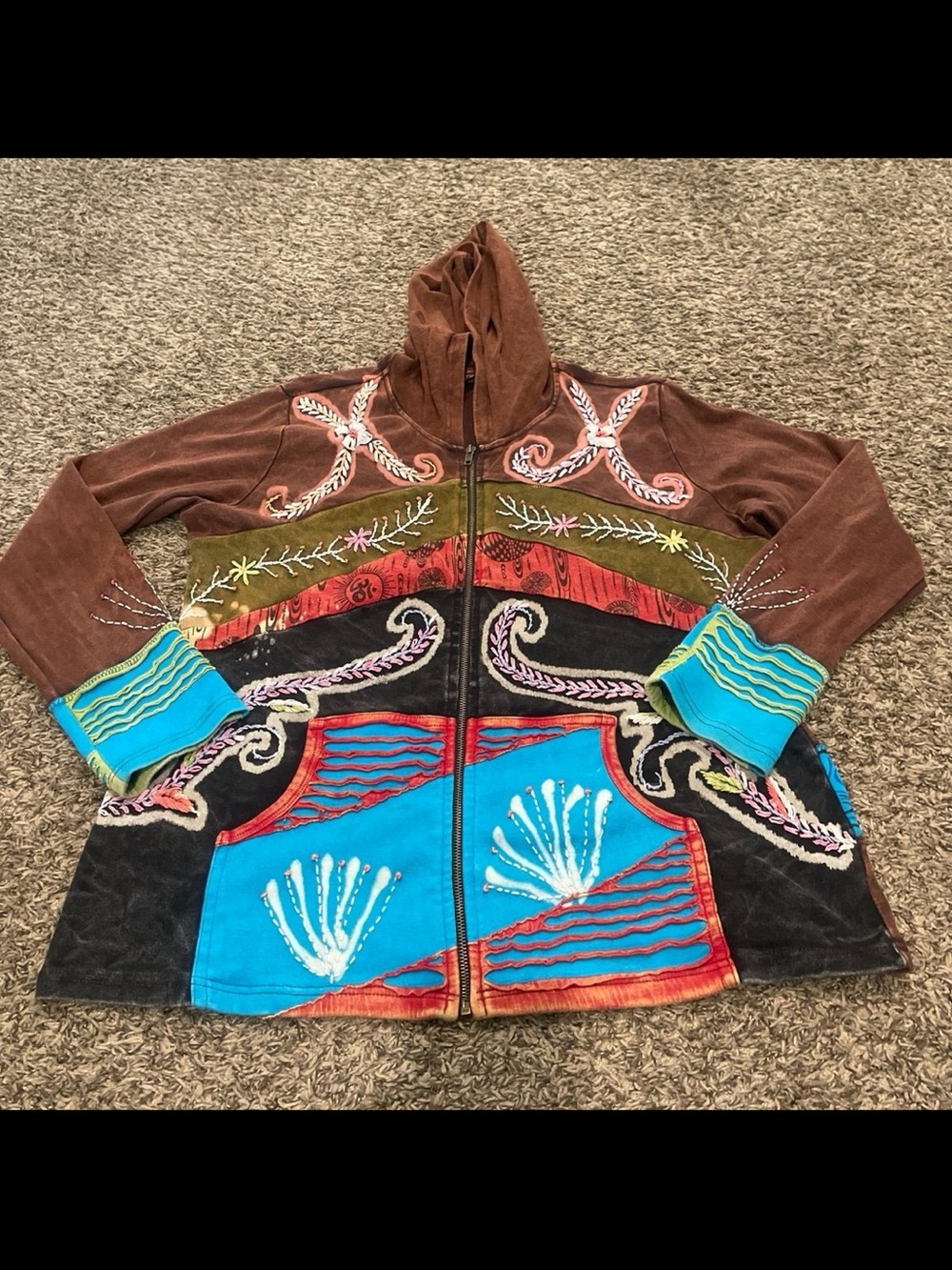 rising international Bohemian, patchwork multicolor, full zip hoodie XXL